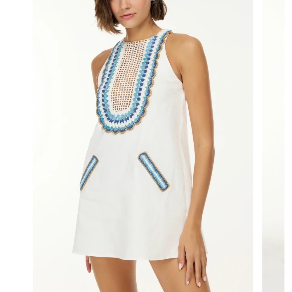 My Beachy Side Arya Mini Dress White Cotton Crochet Bib‎ Sleeveless Size S NEW